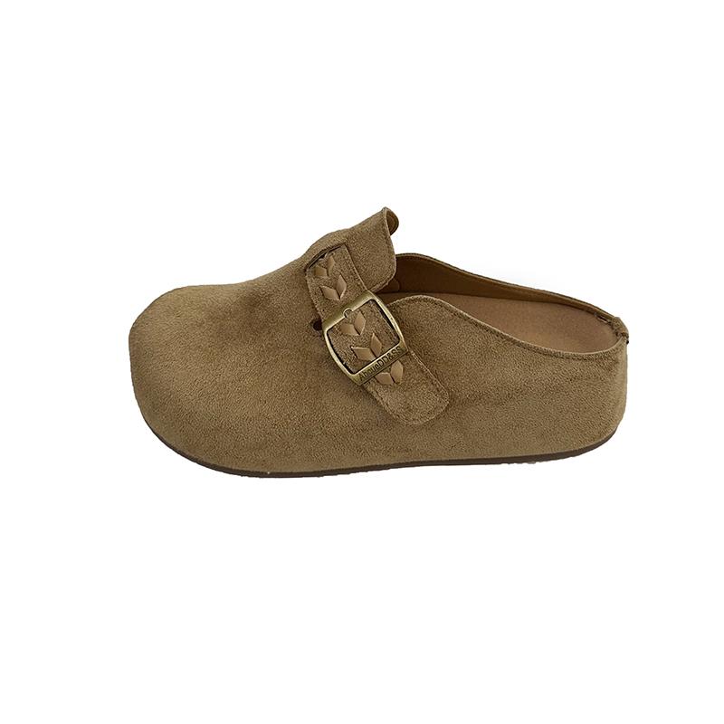 Fashion Embroidered Round-toe Shallow-mouth Metal Buckle Soft-sole Anti-slip Wear-resistant Flat-sole Wrapped-head Slippers