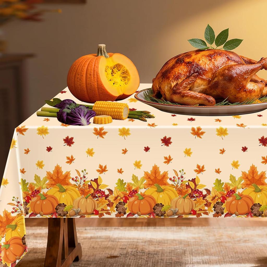 2 Pack Thanksgiving Tablecloth Fall Party Decorations, 54 x 108 Inch Rectangle Disposable Autumn Table Cloth, Plastic Pumpkin Table Cover for Harvest