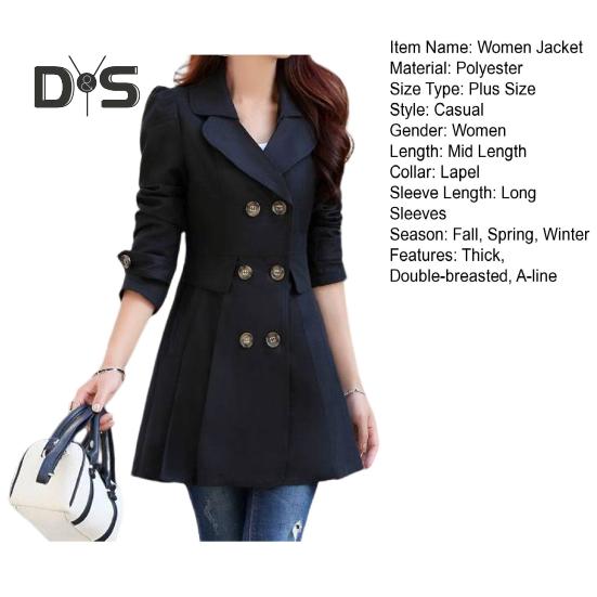 Fall Winter Women Jacket Double Breasted Lapel Mid Length Solid Color Pleated Long Sleeve A Line Tight Waist OL Commute Style Lady Jacket Trench Coat