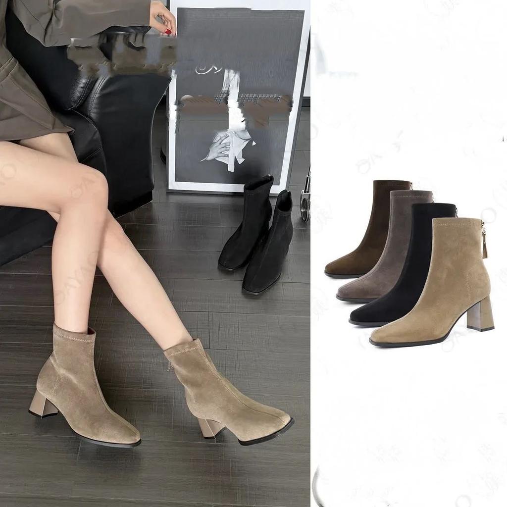 Women's 5cm Square Toe Thick Heel Women's Winter New Suede Zipper Soft Soled Short Boots