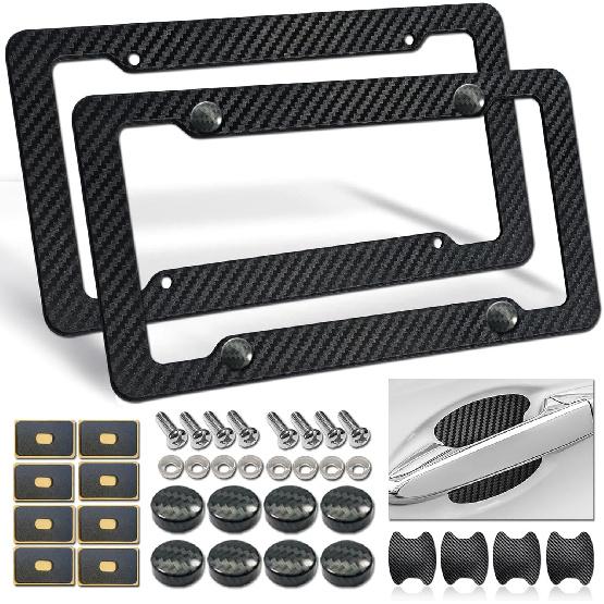 Carbon Fiber License Plate Frames- Black Carbon Pattern Plastic Front & Rear Car Tag Holder Cover 2 Pack With Mount Hardware, Screws, Caps, Handlebar