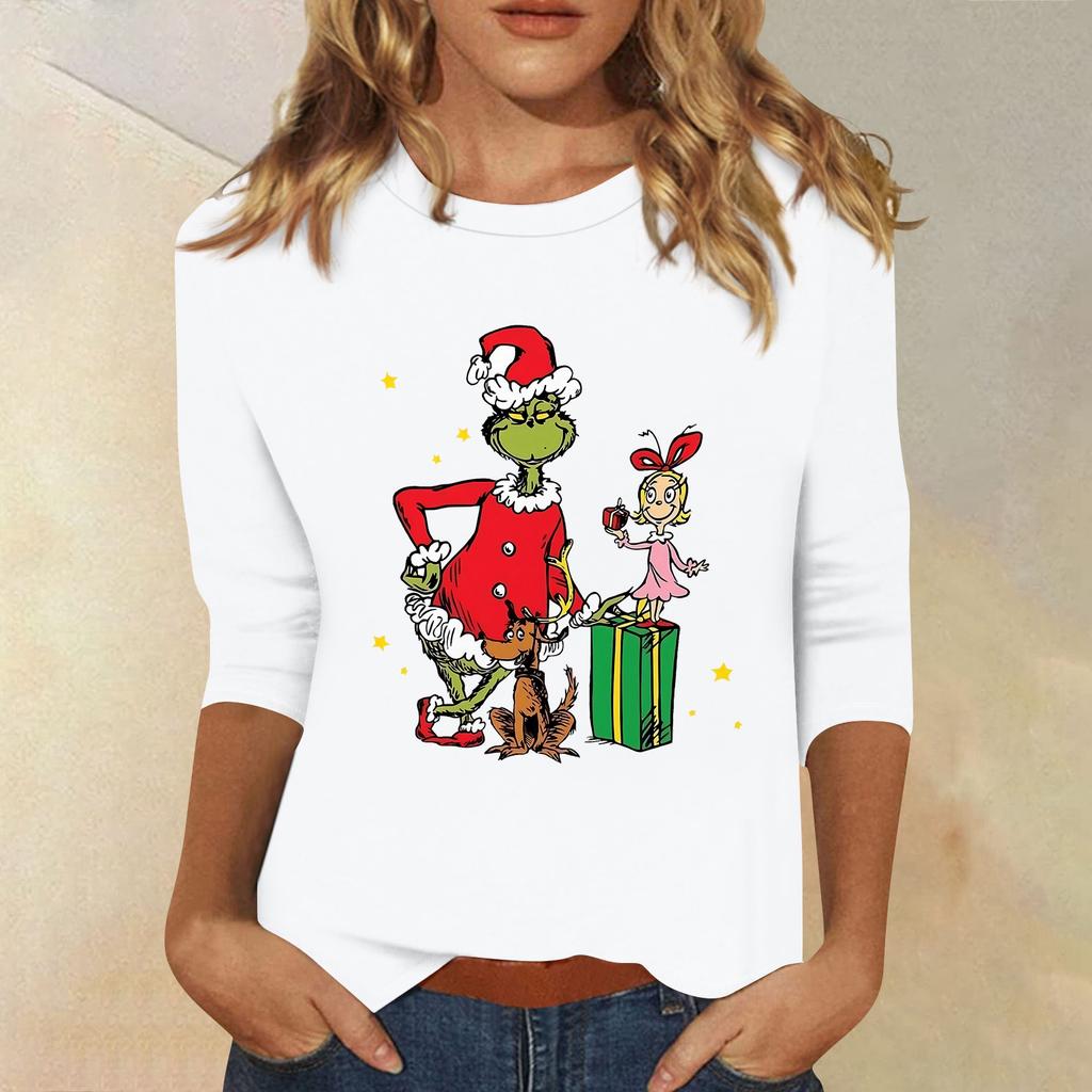 3/4 Sleeve Tops For Women T-Shirt Casual Christmas Print Tops T Shirt Round Neck Pullover Blouse