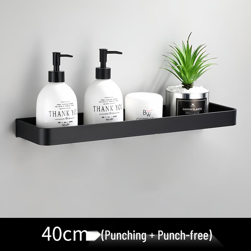 Black Space-Saving Aluminum Wall Shelf & Towel Rack - No Drilling Needed