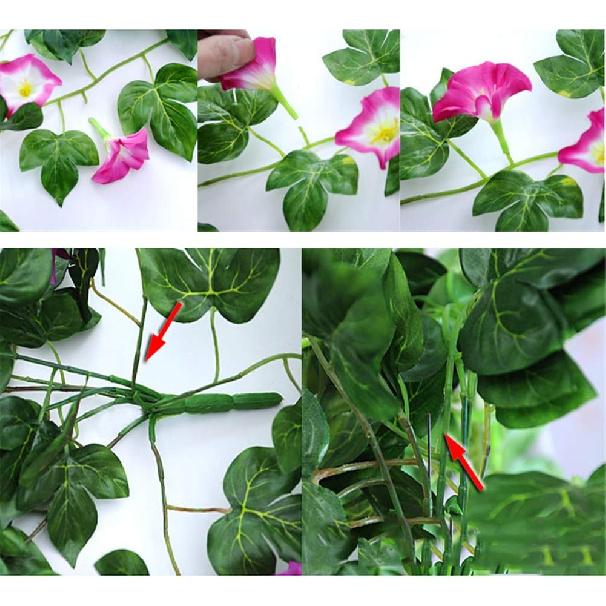 Artificial Vines 2pcs Artificial Morning Glory Trumpet Flower Vine Fake Green Plant Home Garden Wall Fence Outdoor Wedding Hanging Baskets Decor