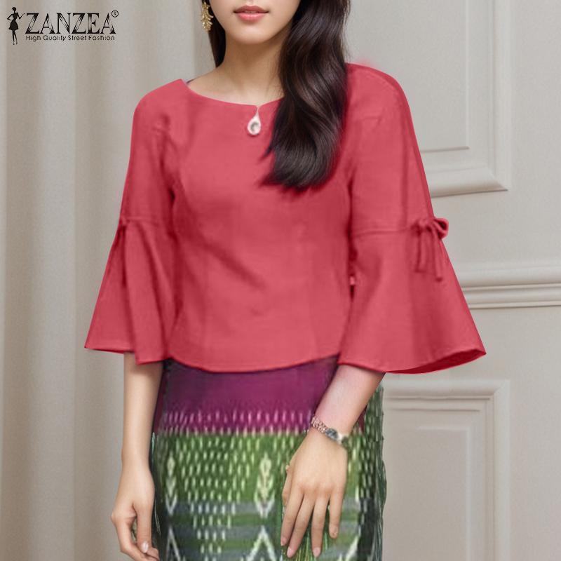 ZANZEA Women Casual Round Neck Solid Color 3/4 Sleeve Blouse