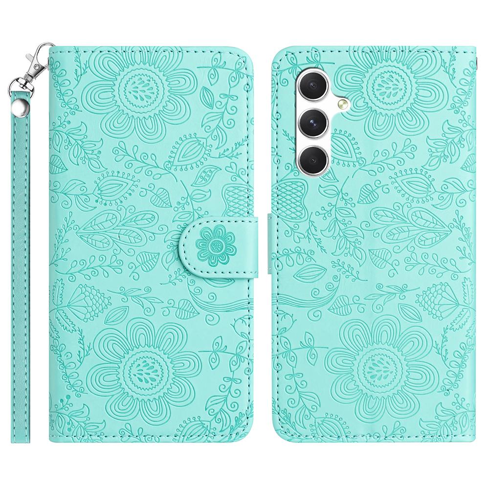 For Samsung Galaxy S25 FE Case Flower Imprint Leather Flip Wallet Phone Cover with Wrist Strap