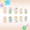 24 Pcs French Tip Press On Nail Short Square False Nail Colorful Flowers Acrylic Nail Glossy Full Cover Stick On Nail