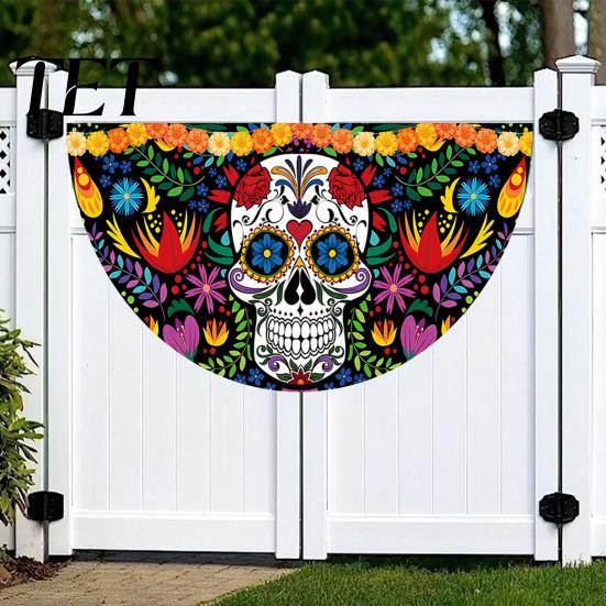Colorful Cemetery Memorial Flag Day of The Dead Skull Bunting Banner, Marigold Print Fiesta Hanging Flag, Sugar Outdoor Yard Party Decor Floral
