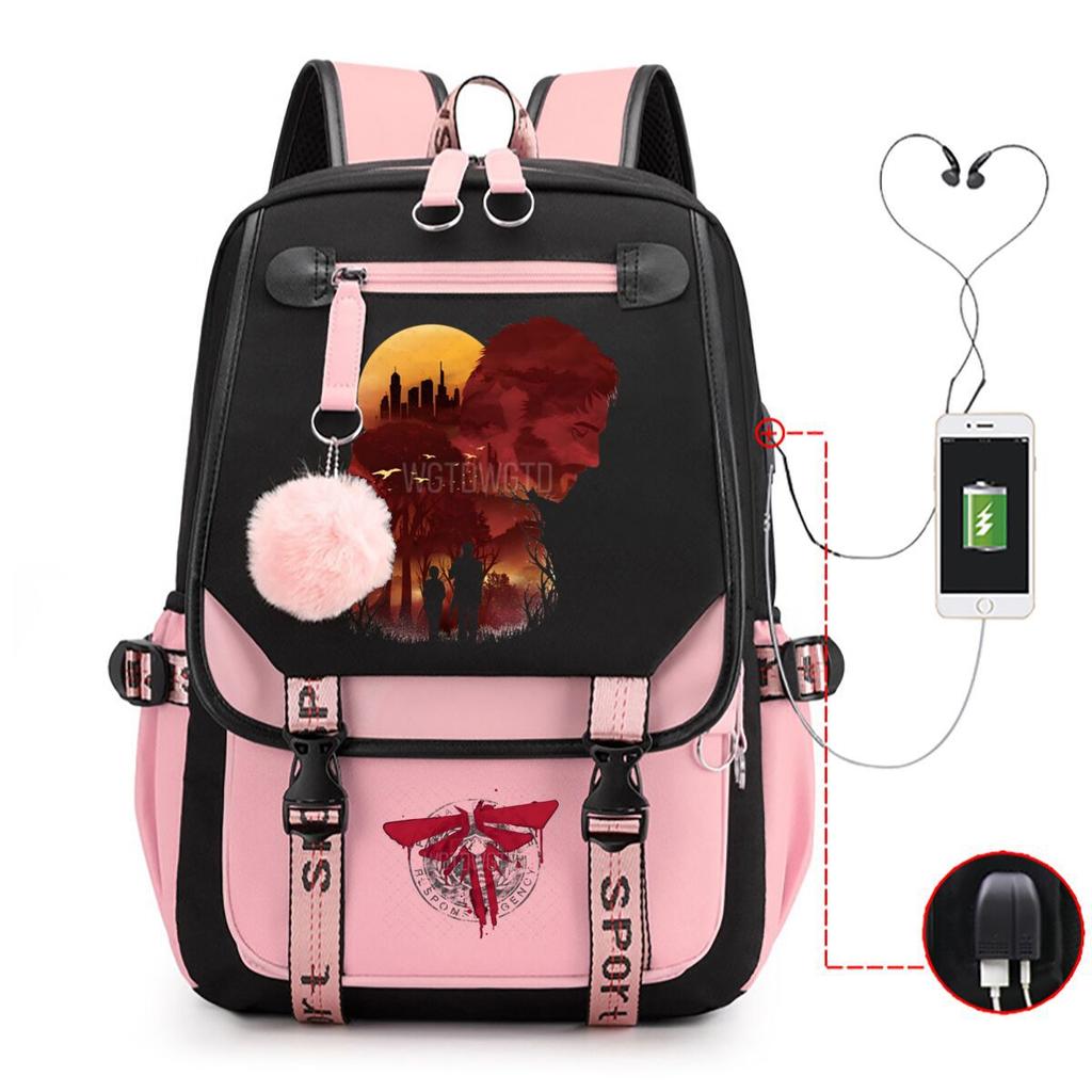 Trend Printing Student Casual Schoolbag Contrasting Color Neutral USB Backpack