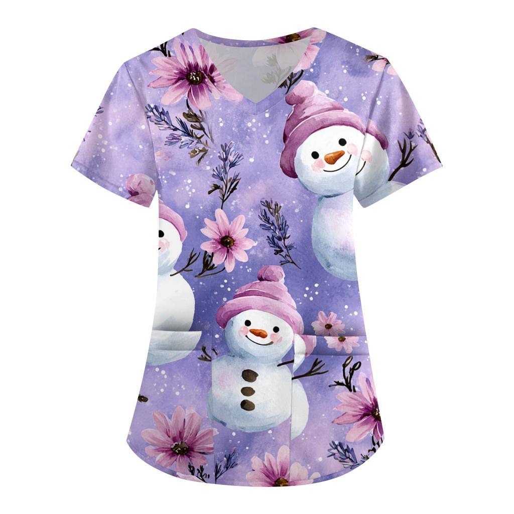 Women's Printing Uniform Work Uniform V-neck Pockets Basic Short Sleeve Pullover Top