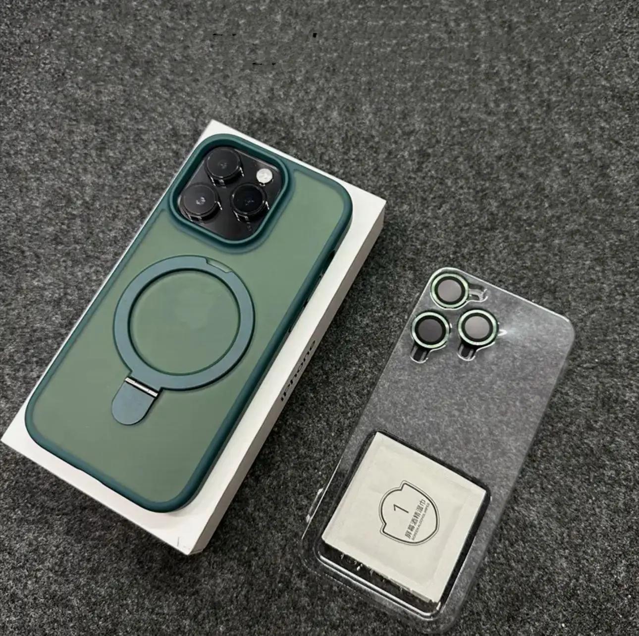 

Металлический чехол-подставка с кольцом и матовым магнитом для Magsafe IPhone 15 14 13 12 11 Pro Max Plus IPhone13 с защитой объектива Mac Safe Cover For iPhone 14 Pro зелёный