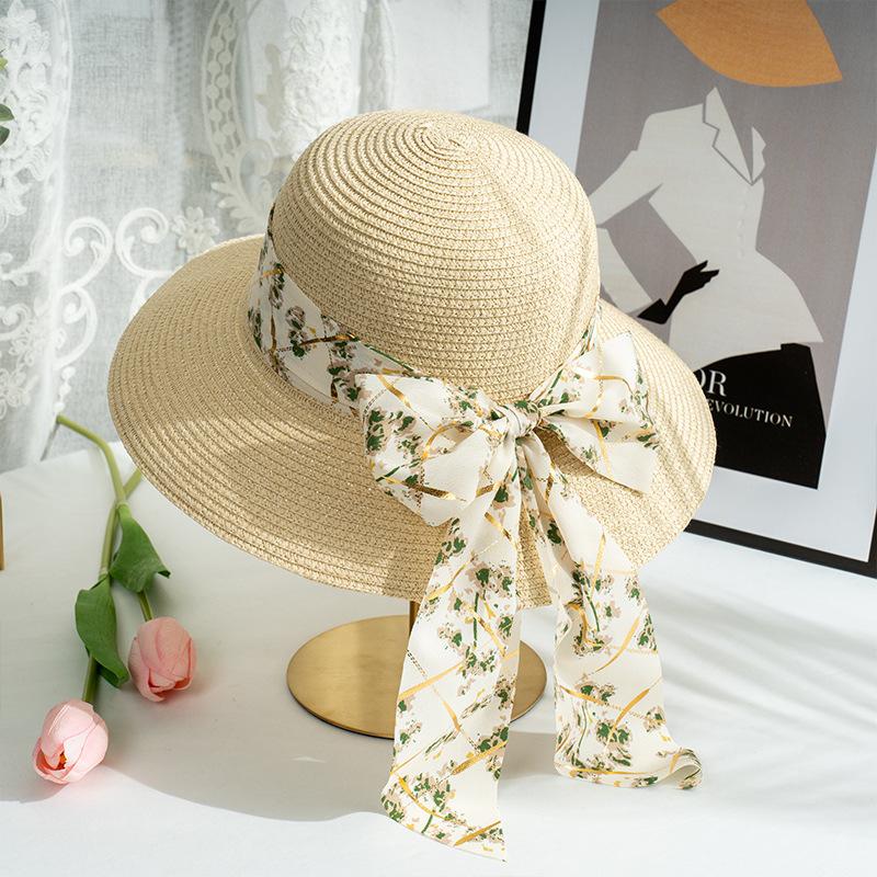 

Складная широкополая шляпа от солнца для женщин - элегантный декор в виде банта из ленты, соломенная пляжная шляпа для путешествий во французском стиле one size