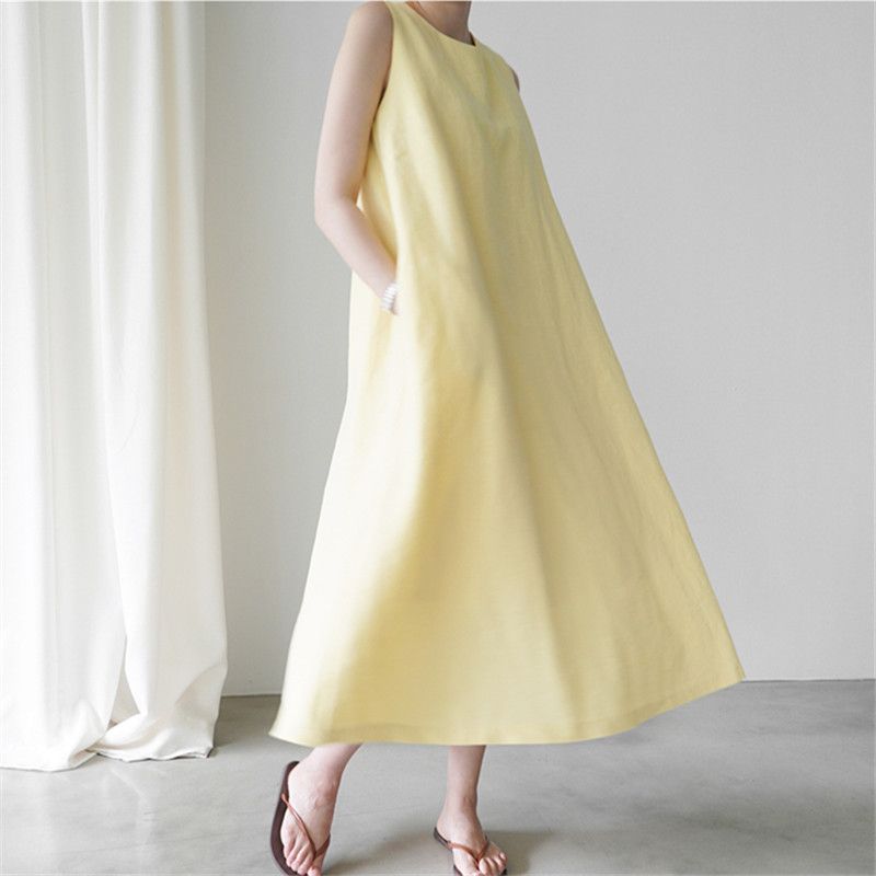 

Artsy Dress Loose Slim Looking Linen over-the-Knee Vest Yellow S