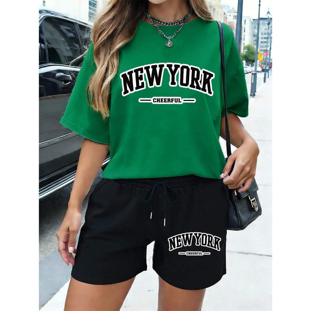 New York Cheerful Letter Print  Shorts Womens Basic Two Pieces Set T-Shirt Pants Summer High Waisted Oversize Clothes