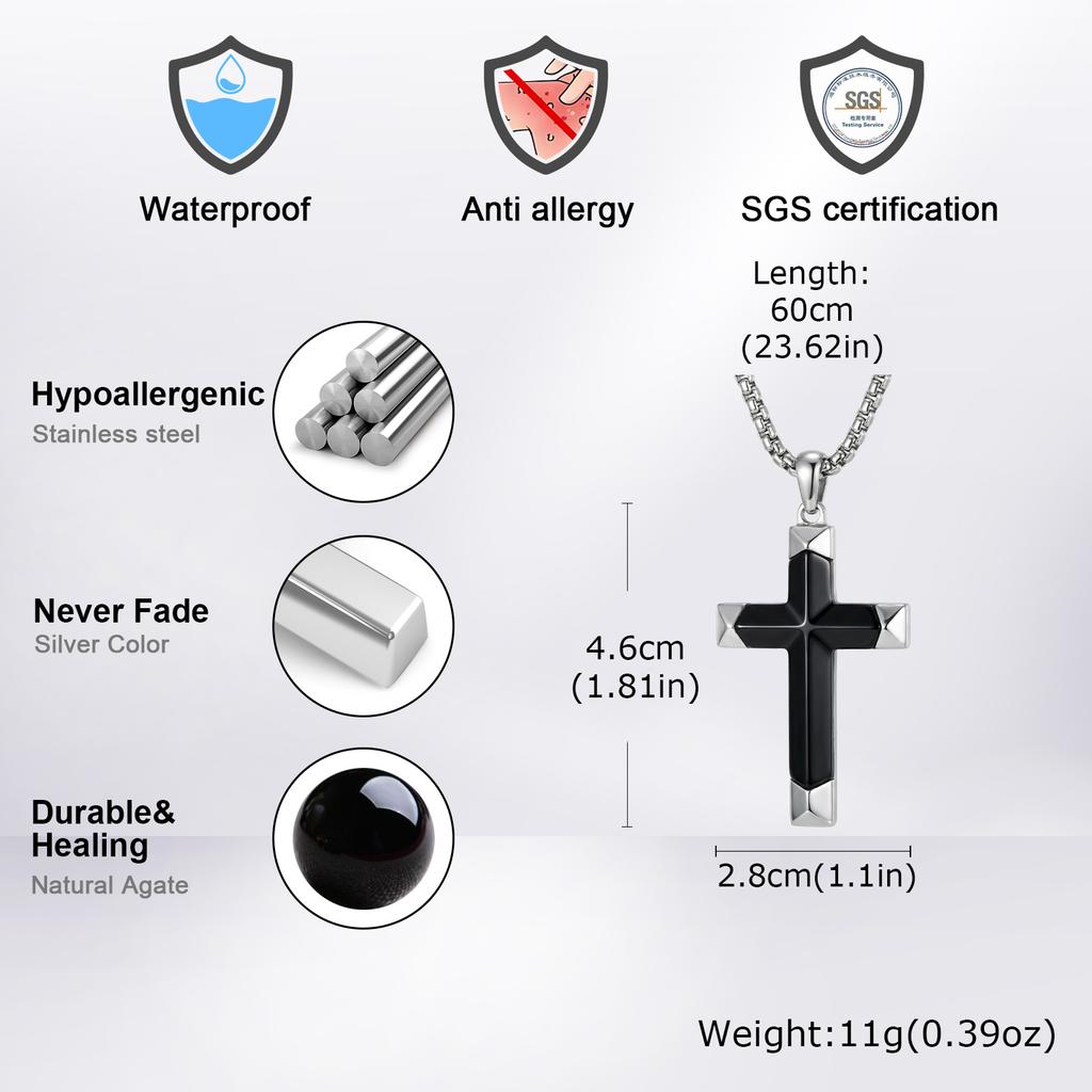Luxe Natuurlijke Zwarte Onyx Kruis Ketting voor Mannen, Waterdichte Roestvrij Staal Kruis Hanger, Sieraden Cadeau voor Echtgenoot Vader Zoon