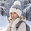 Winter Knit Pom Pom Beanie and Touch Screen Gloves Set for Women Warm Ear Flap Hat 2 Piece