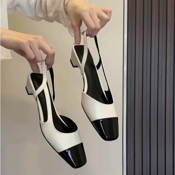 Sheepskin version~ retro bag head color matching sandals with thick heel, medium heel, empty square head single shoes, small fragrant wind wome