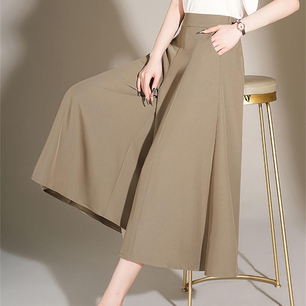 2026 Women's High-Waisted Ice Silk Wide-Leg Skort Pants - Casual Loose Nine-Point Skirt Pants