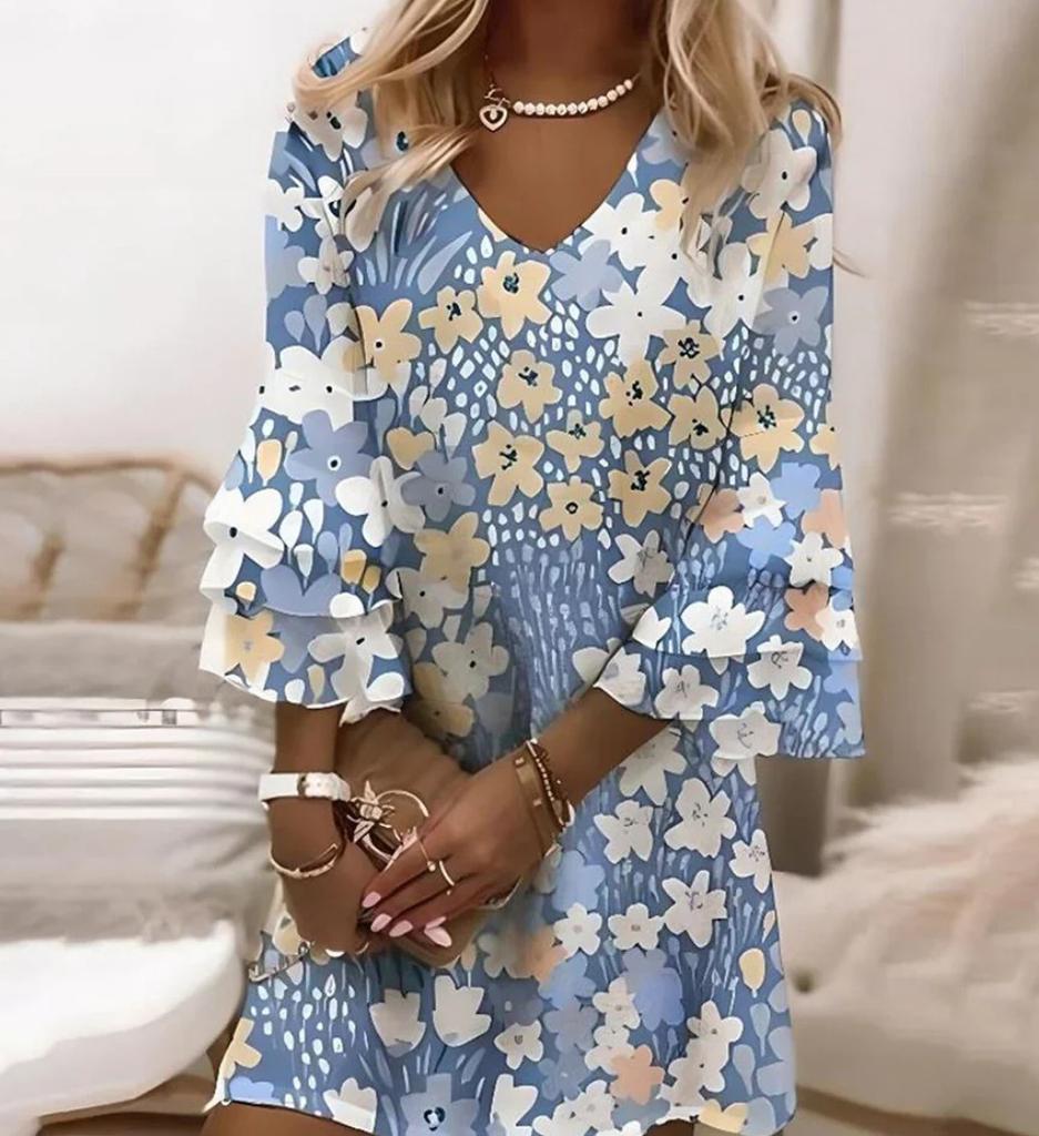 New, Fresh Printed V-Neck 3/4 Sleeve Mini Ladies Dress