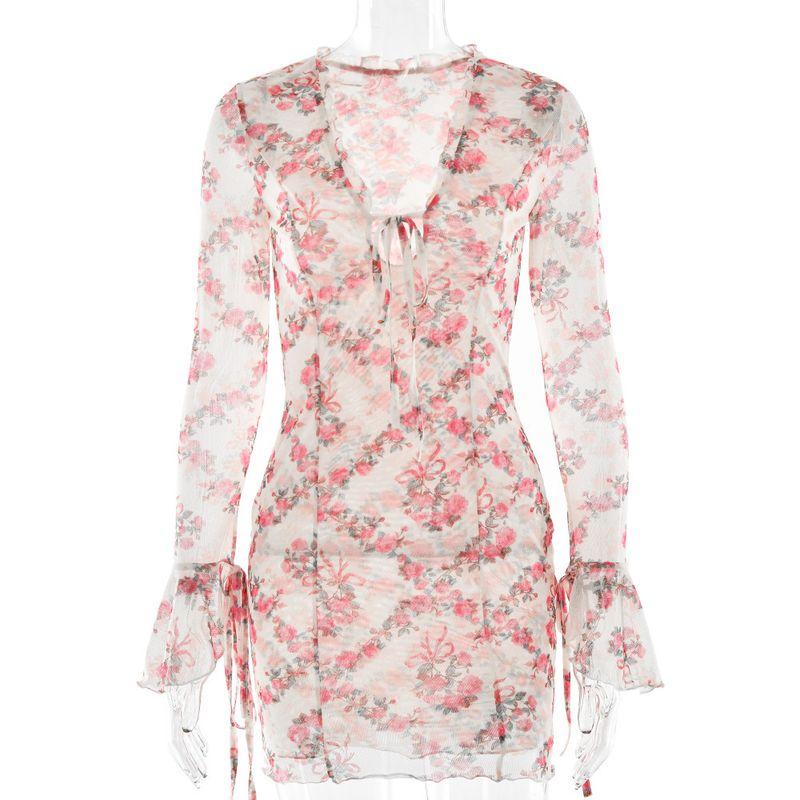 

Европейский и американский весенне-летний новый ретро-принт с глубоким V-образным вырезом, женское короткое платье с деревянными ушками, облегающее, сетчатое, с длинными рукавами, на шнуровке Light pink L