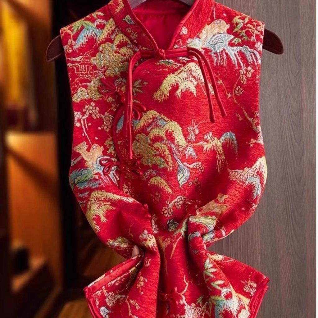 New retro jacquard buckle new vest femininity versatile red vest