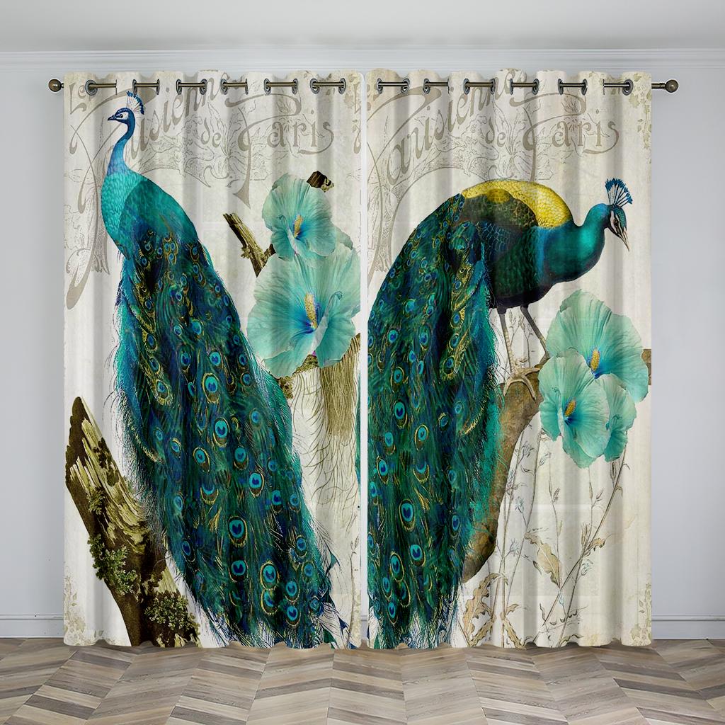 Peacock Blue Feather Animal-themed Blackout Curtains, a Set of Two Panels, Suitable for Decorating Living Rooms, Bedrooms, Studi