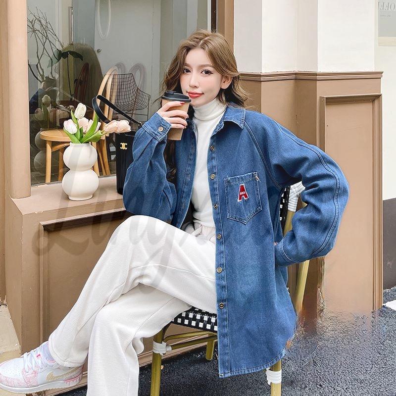 Autumn/Winter Korean Embroidered Plus Velvet Denim Shirt Jacket - Large Size, Warm, Versatile Layering. S