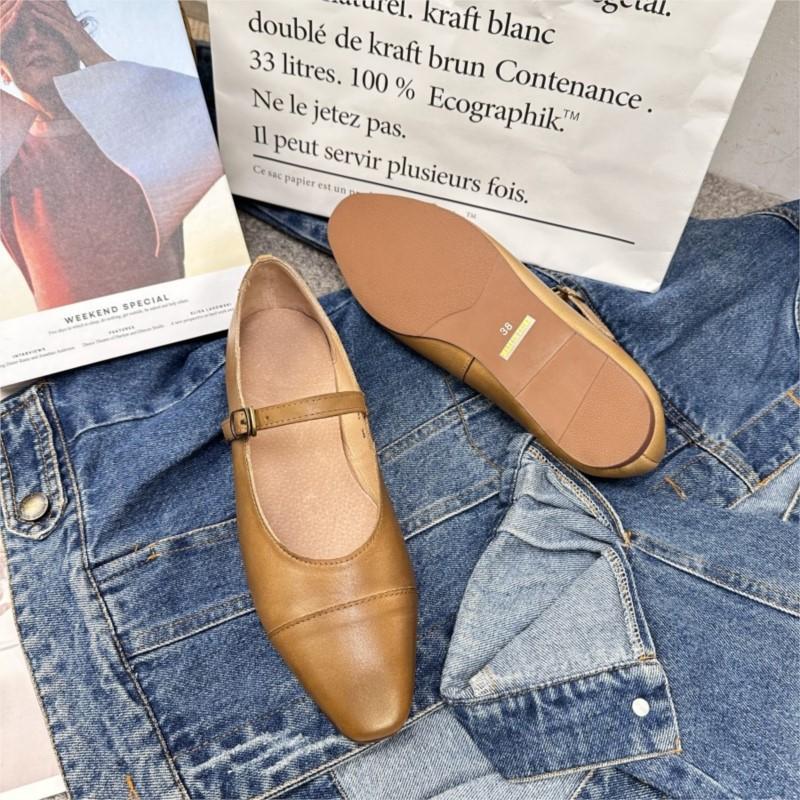 Johnature Retro Women Flats Shoes Elegant Versatile Genuine Leather Basic Buckle Strap Pointed Toe Pumps Shoes
