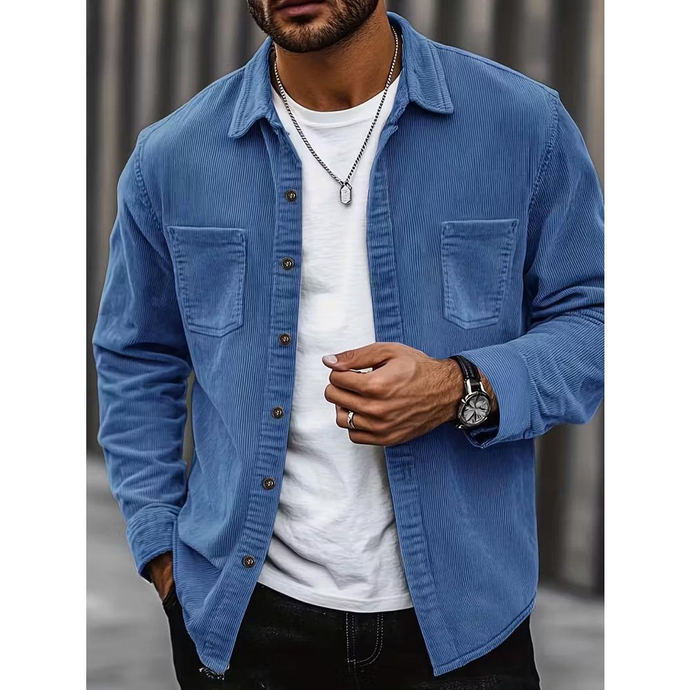 Men Corduroy Shirt Long Sleeve Plaid Solid Color Wrinkle Free Business Casual Slim Fit Top