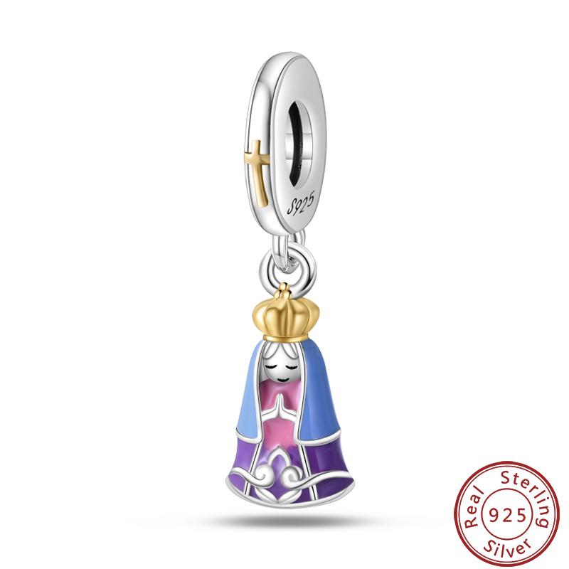 925 Silver Virgin Mary Deep Blue Golden Goddess Beautiful Blessing Charms Beads 3mm DIY Fine Jewelry Making
