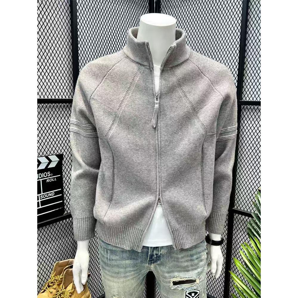 

Men s Stand Collar Knit Cardigan Sweater - Thickened Jacquard, Trendy Loose Fit. M [100-110 jin]