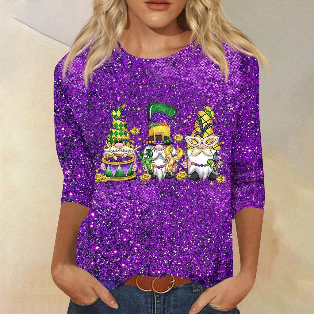 Dámské módní ležérní tričko s kulatým výstřihem a tříčtvrtečním rukávem s potiskem karnevalu