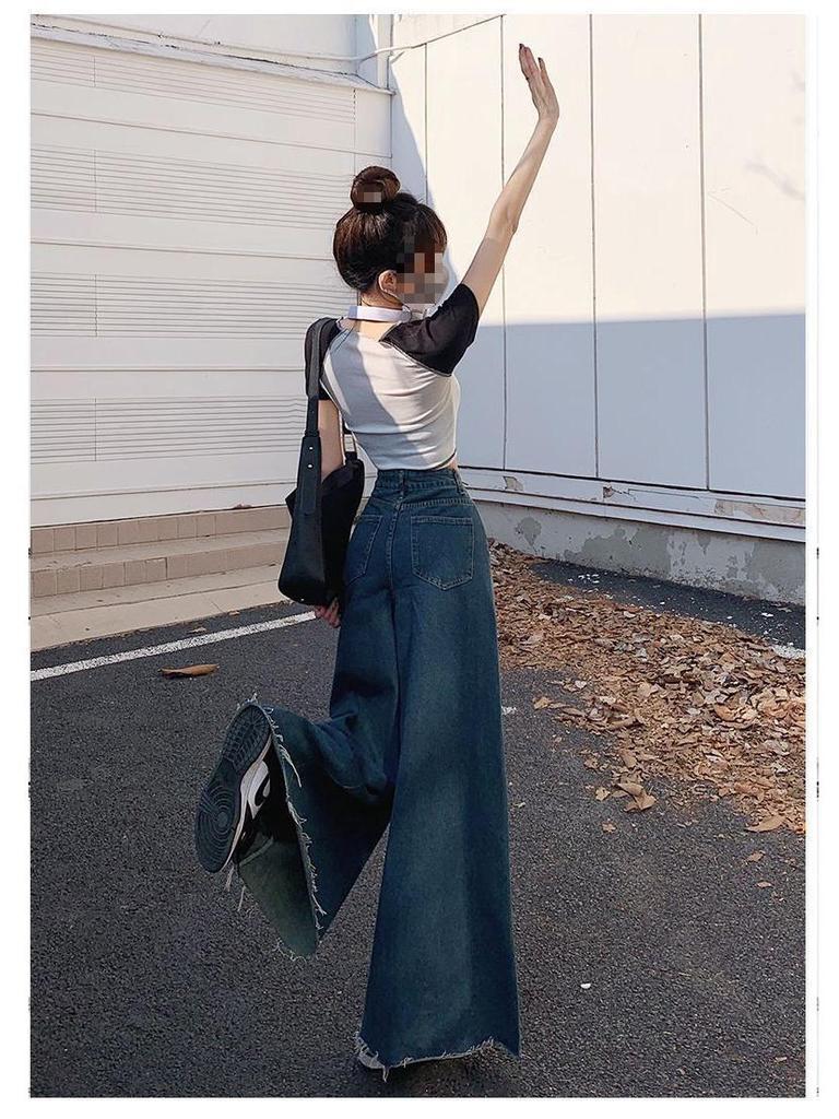 2024 Retro High Waist Wide Leg Denim Skirt with Frayed Edges for Spring & Autumn