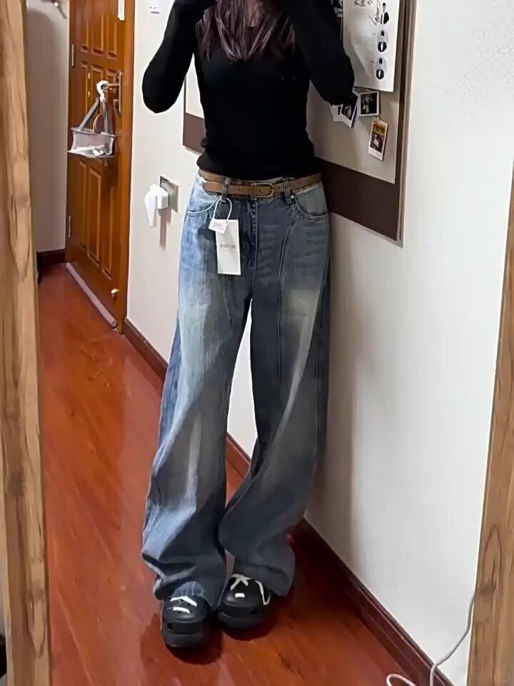 Retro Blue High-Waist Wide-Leg Jeans for Women - 2026 Loose Curved Design
