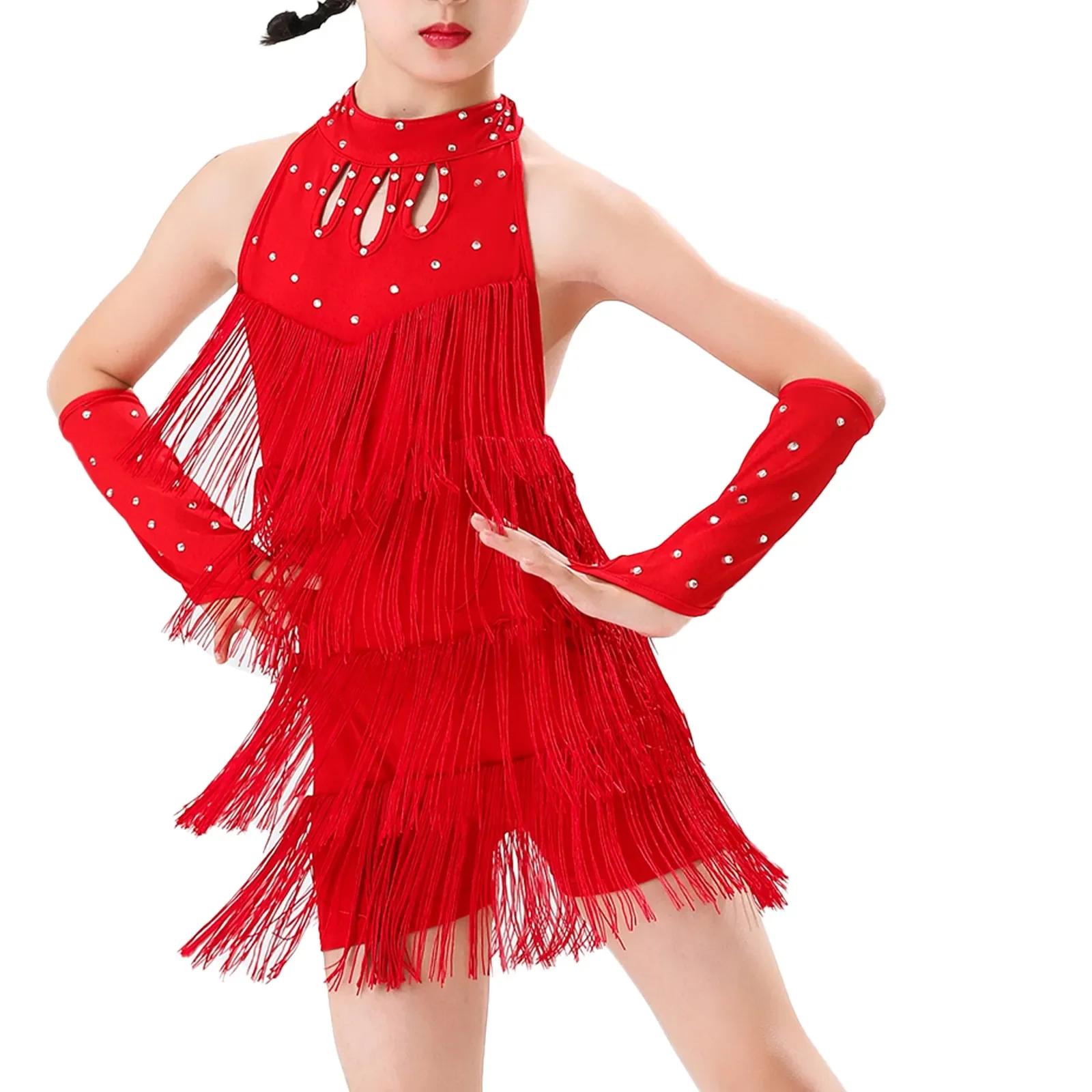 

Sequin Fringe Latin Dance Dress Ballroom Tango Salsa Dress Child Kids Girls Competition Professional Latin Dance Costume 130 червоний