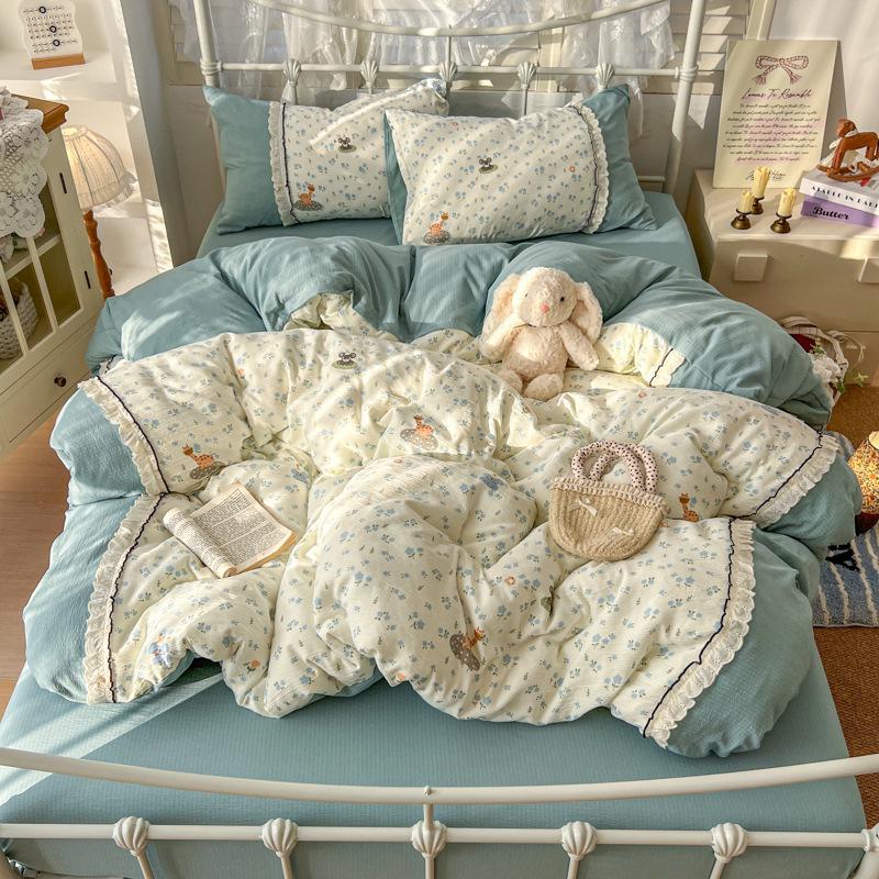 Korean Style Lace Skin-Friendly Double Layer Gauze Printed Bedding Set - Three or Four Pieces