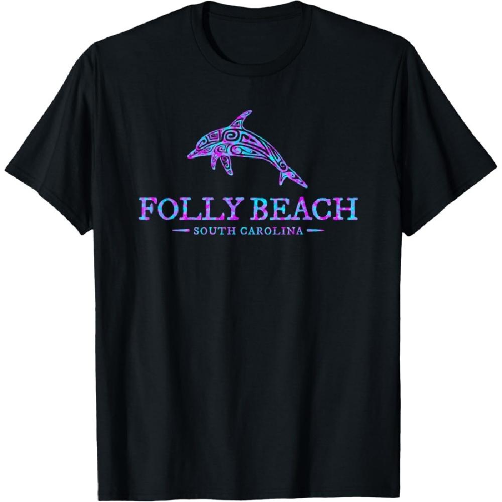Футболка Folly Beach SC Сувенир о ярком отдыхе с дельфинами Мужская Женская Детская XXXXXL чёрный