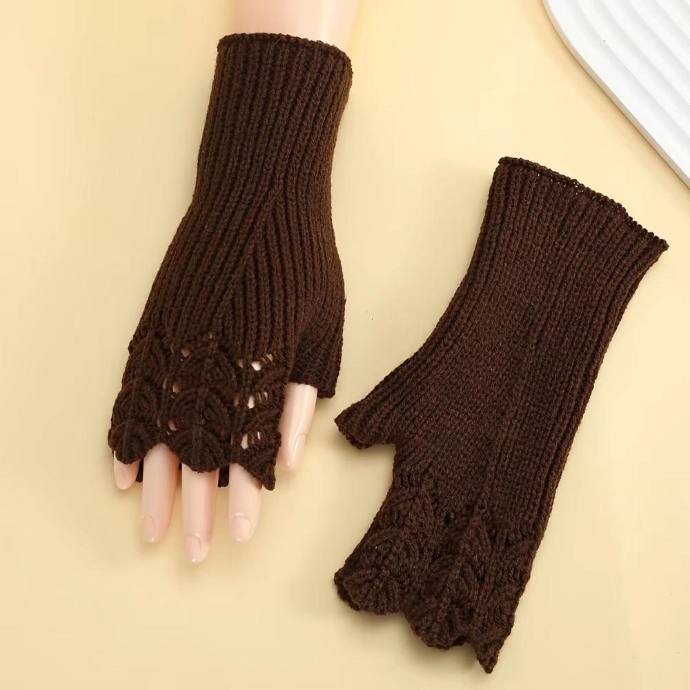 Vintage Winter Wool Gloves Half Finger Crochet Flower Mittens All-Match Fingerless Gloves Winter