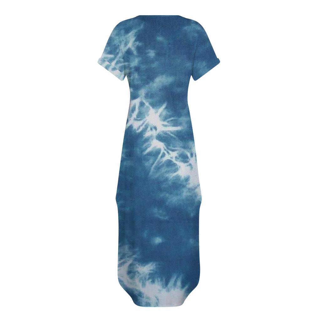 Robe Maxi d'Été pour Femmes à Imprimé Rayures Dégradées, Décontractée Ample à Manches Courtes, de Plage avec Fente