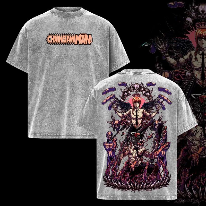 Chainsaw Man Makima Denji Graphic Tshirt Men Women Clothing Short Sleeve Cotton T-shirts Retro Washed Tee Harajuku Male T Shirt