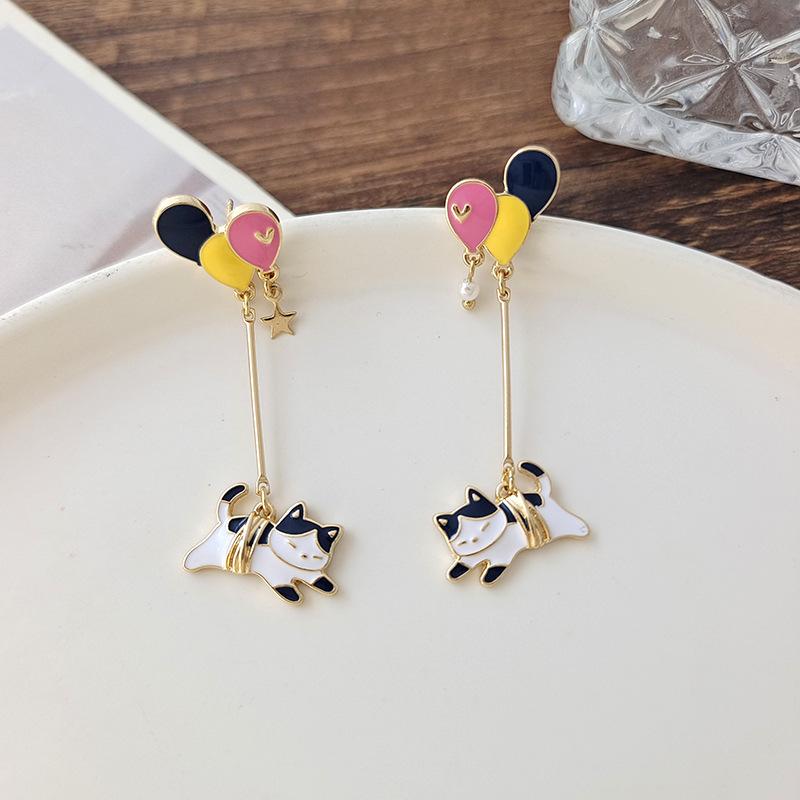 Cute Enamel Cat Balloon Stud Earrings for Women Korean Trendy Lovely Rabbit Flower Asymmetrical Tassel Earring Party Jewelry