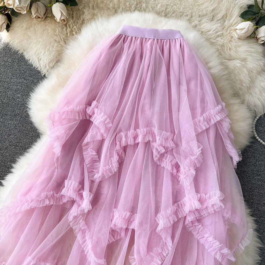 Letní Dámská Elegantní Elastická Vysoký Pas Síťovaná Princeznovská Dlouhá Midi Nepravidelná Dortová Sukně