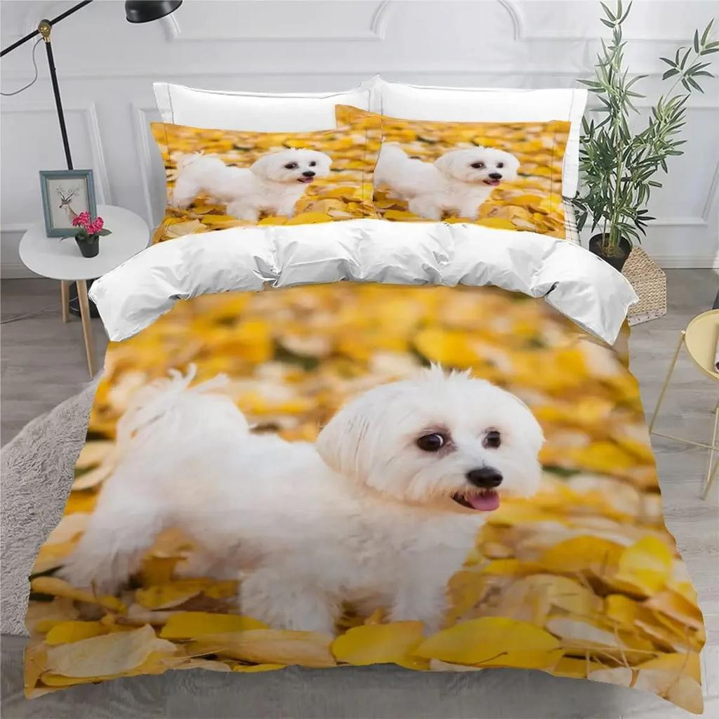 Sött Påslakanset med Maltesisk Hund Husdjur Hundar Tema Sängkläder Mikrofiber Kawaii Djur Täcke Överdrag Twin King För Barn Tonåringar
