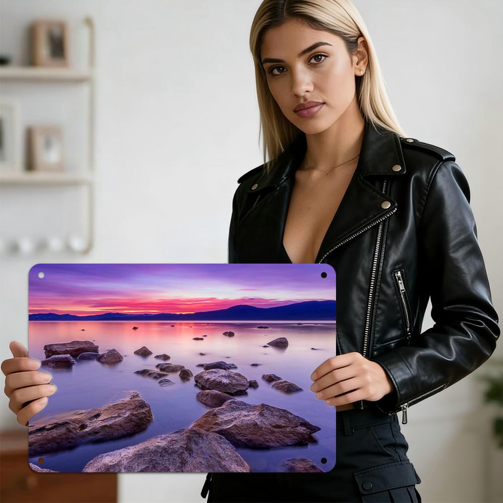 HD Metal Tin Sign Rocky Coastal Beach at Sunset with Golden Boulders Calm Ocean and Pastel Sky Serene Seaside Landscape Wall De
