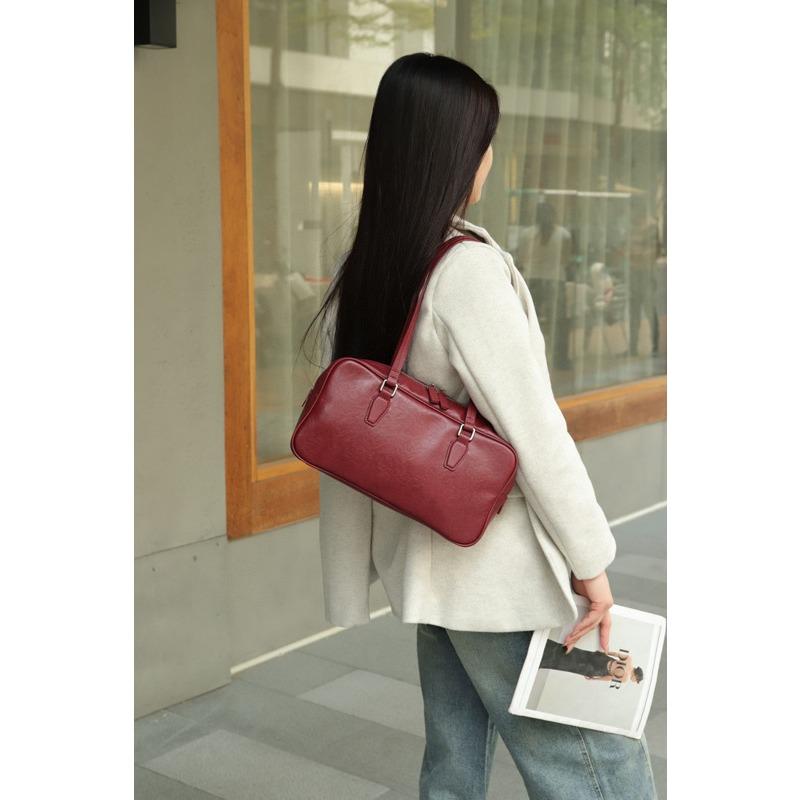 Vintage Underarm Bag Bowling Bag Tote Bag Original Niche Head Layer Cowhide Women's Bag High-grade Leather
