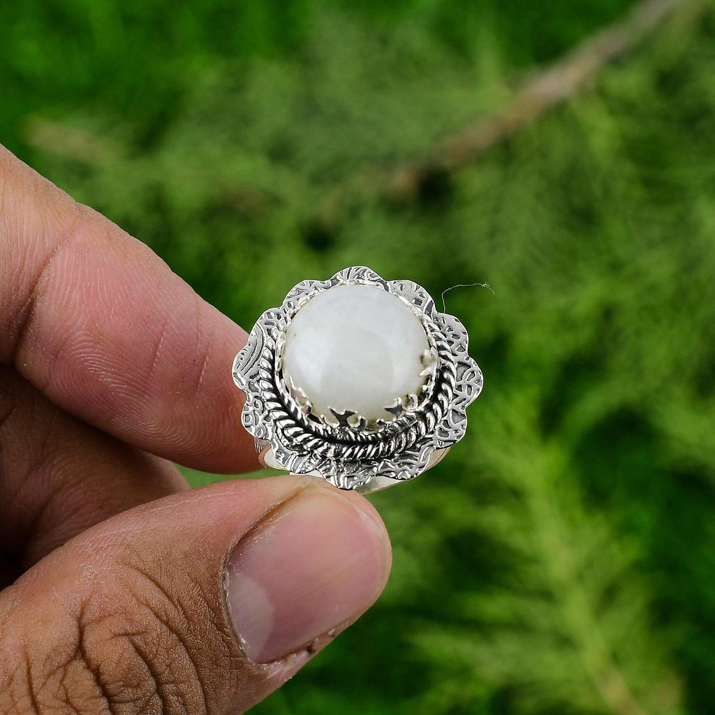 Round Rainbow Moonstone Stone Wedding Bezel Solitaire Ring Jewelry 925 Silver