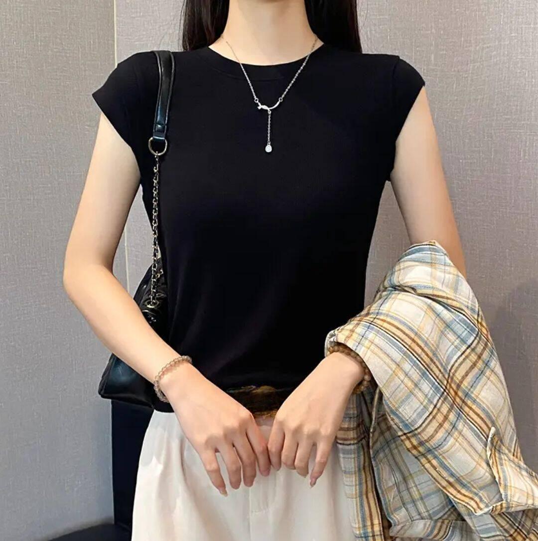 

Женская футболка с круглым вырезом и рукавами-крылышками на лето, приталенная, универсальный топ, стройнящая футболка с короткими рукавами, универсальная футболка 2XL чёрный