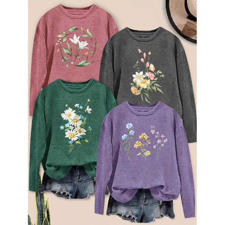Elegant women's clothing with beautiful lines and floral print patterns, casual round-neck long-sleeve for spring, summer, autumn, and winter4Pieces