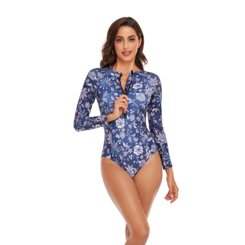 New European and American Swimsuits, Surf Suits, Solid Color Quick-drying Splicing, Sun-proof Zipper, One-piece Conservative Long-sleeved Swimsuits