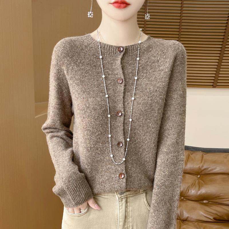 Spring and Autumn's New Wool Cardigan Women's Round-neck Sweater Coat
